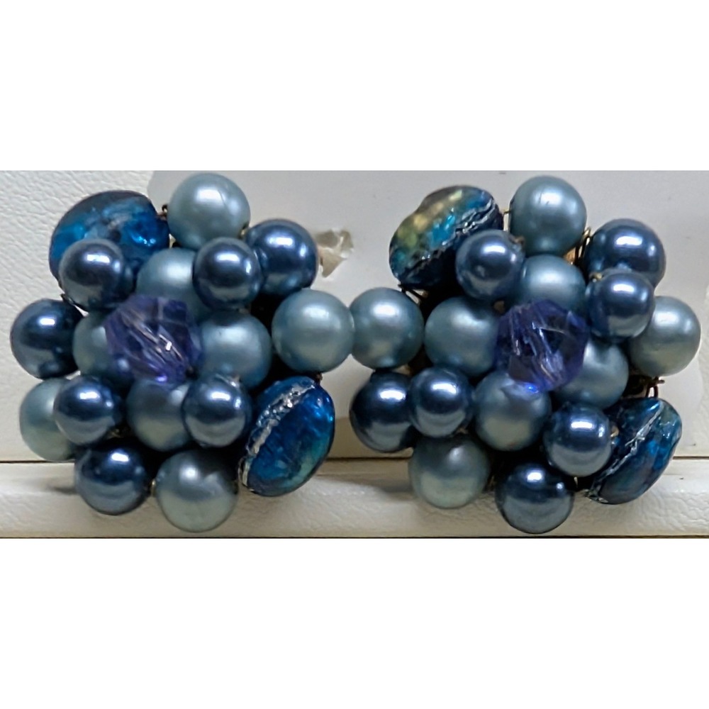 Vintage Japan Beaded Cluster Clip On Earrings Blue Faux Pearl Crystal Handmade